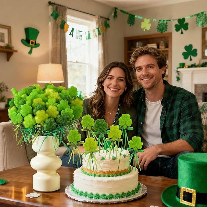 60 Pcs St. Patrick's Day Shamrock Picks Irish Shamrock Foam Picks St. Patrick's Day Clover Puffy Sticks for Irish Tree Green Floral Arrangement Bouquet Wedding Table Centerpiece Vase Filler Home Decor