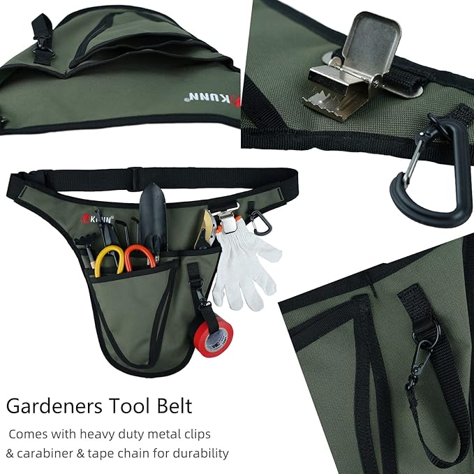 KUNN Garden Tool Belt,Durable Adjustable Tool Belt Waist Pouch with 4 Pocket for Women Men Gardeners Florist Army Green + Small Kneeling Pad 9"X6.5"X1" Mini Foam Kneeing Pad with 360°Hook