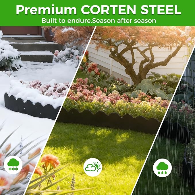 Cor-Ten Steel Landscape Edging 6-Pcsk, 40" L x 7" H Metal Garden Border with 8 Stakes, Heavy Duty Hammer in Landscape Edging for Lawn, Pathway, Yard, Black(20 Ft Total)