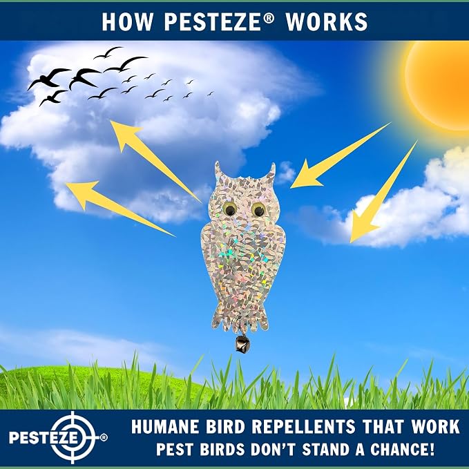 PESTEZE USA Owl Bird Deterrent Reflective Hanging Decoy Repellent with Bell, 4 Pack 6 x 13.5 in Shiny Scare Device Keep Birds Away Outdoor Porch Garden Yard Patio Protect Property