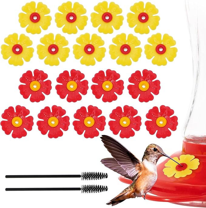 MEKKAPRO Humming Bird Feeder Replacement Flowers, 18 Flowers Replacement Set with 2 Cleaning Brushes, Hummingbird Feeder Replacement Parts (9 Red and 9 Yellow)