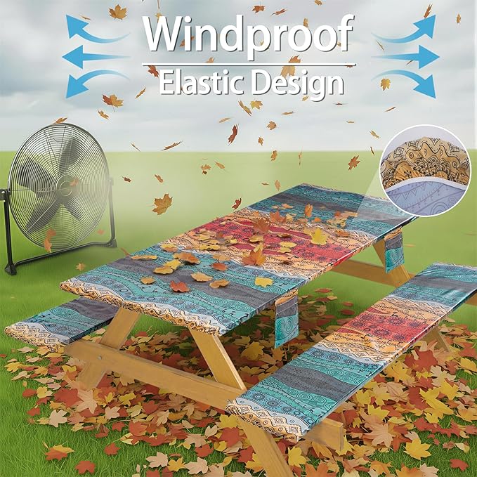 Fitted Waterproof Picnic Table Cover with Bench Covers Heavy Duty Elastic Outdoor Camping Tablecloth for 6 Foot Rectangle Tables Summer Rv Accessories Patio Garden Road Trip Essentials Gifts