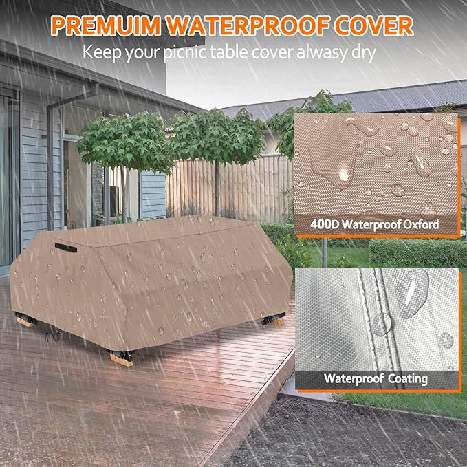 STARTWO Waterproof Picnic Table Cover Outdoor Patio Table Bench Covers for Picnic Table Bench Set Windproof (6Ft-70/72in（Brown）)