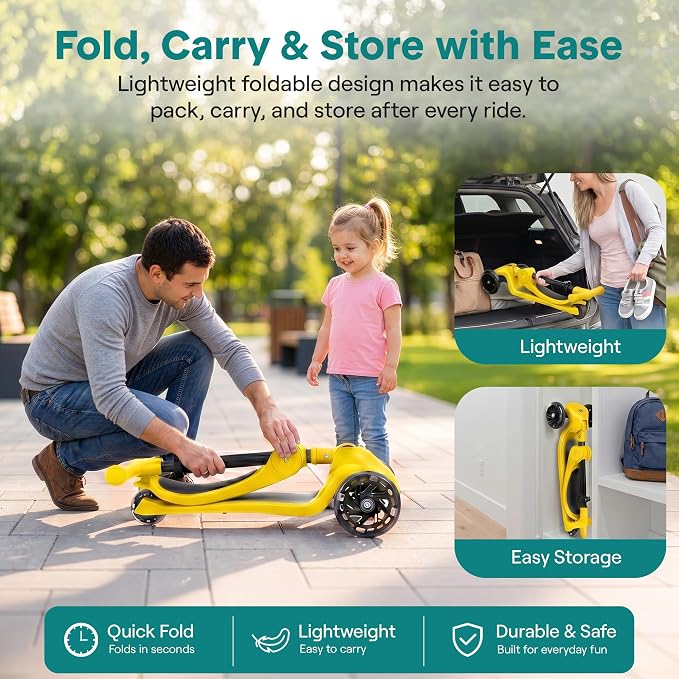 SereneLife 3 Wheel Scooter for Toddlers & Kids, Foldable Seat, LED Wheels, Adjustable Handlebar, Anti-Slip Deck, Rear Foot Brake, Lean-to-Steer, Kid Scooter, Supports up to 110 lbs (Yellow)