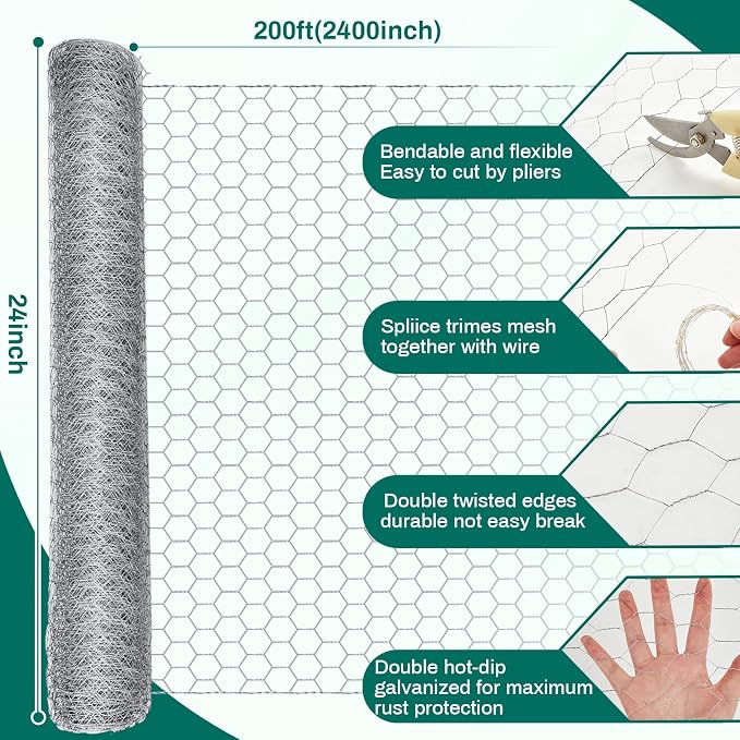 GlikCeil 24 in x 200 ft Chicken Wire Fencing Metal Floral Chicken Wire Mesh for Crafts Poultry Garden, 1 Inch Hexagonal Galvanized Hardware Cloth Netting for Poultry Coop Barrier Rabbit Cage (Silver)