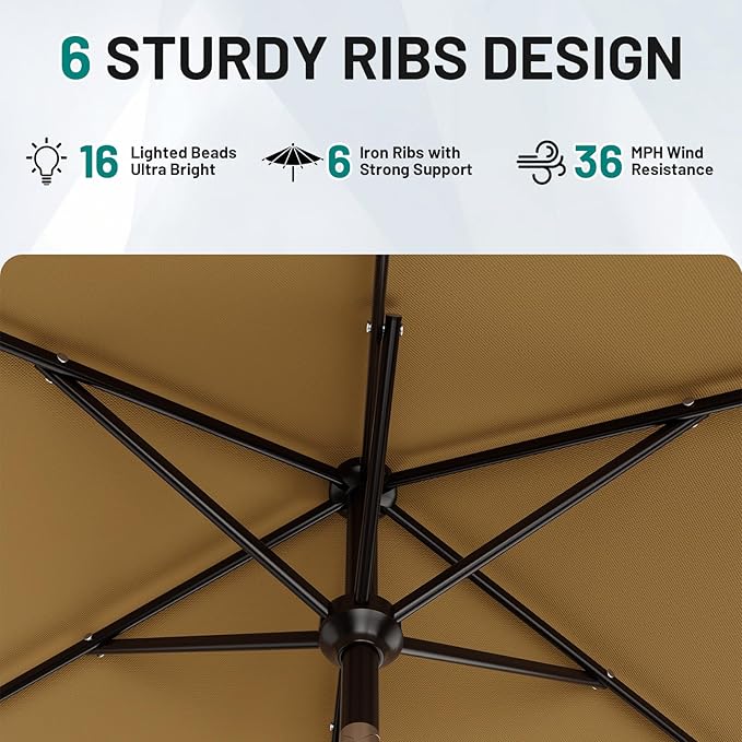 AreShark 6.5' x 10' Rectangular Patio Umbrella with Solar Lights, Solar Powered Lighted Market Umbrella w/Tilt and Crank, Outdoor Table Umbrella for Garden, Deck, Backyard, Pool and Beach, Khaki