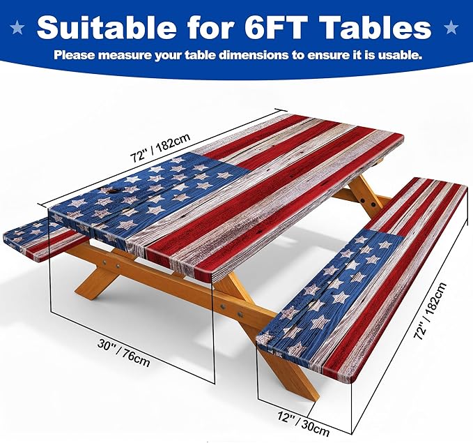 Picnic Table Cover with Bench Covers 6FT,Camping Essentials American Flag Waterproof Windproof Fitted Outdoor Tablecloth with Elastic Rectangle Table Cloth Camping Accessories