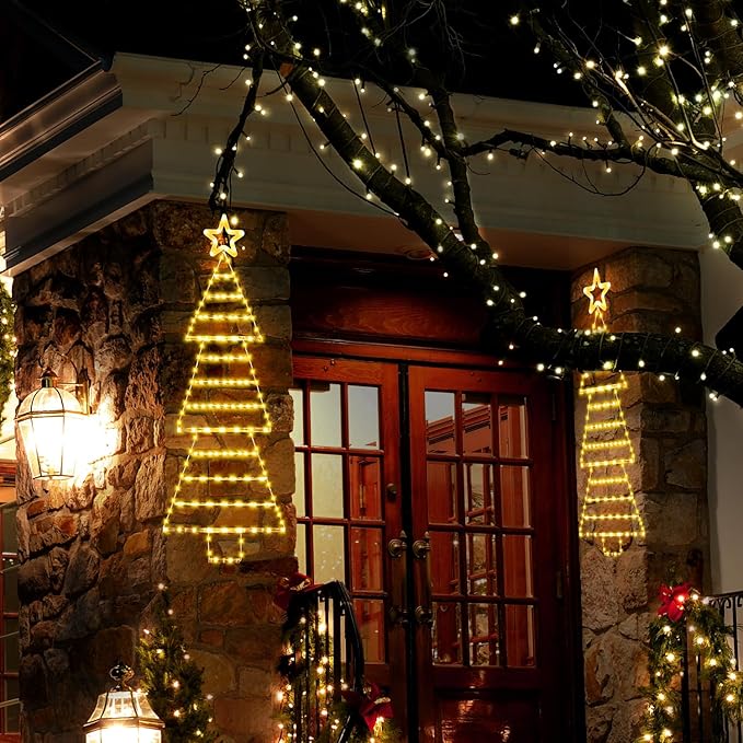LED Christmas Lights Outdoor,4.6ft 189 LED Christmas Tree Ladder Light with Star Topper 8 Modes Christmas Decorations Lights for Indoor Outdoor, Window, Garden, Home, Wall, Xmas Tree Decor-Warm White