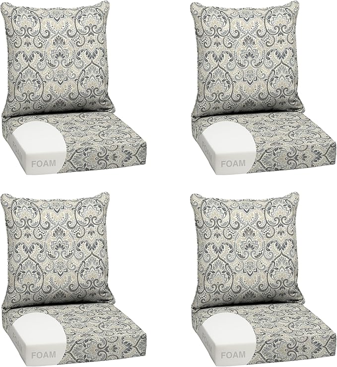 Arden Outdoor Foam Deep Seat Cushion Set (4-Pack), 24x24, Premium High-Density Foam, Never Flattens, Weather-Proof for Patio Chair Sofa Couch, Neutral Aurora Damask