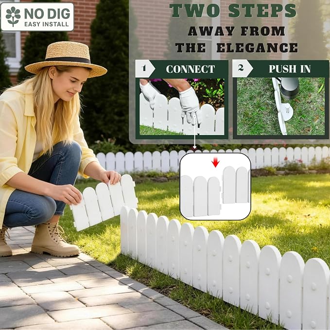 Evelyne Garden Border Edging: Wooden Fence Design - 8pcs White Yard Landscaping Fence Liner Lawn Edge Barrier - 10ft Kit of Decorative Lawn Landscape Panels Elements -Landscaping Edging-GMT-10374-D08
