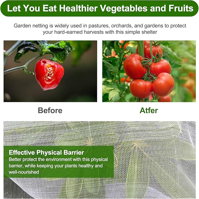 Garden Netting, Jevrench Durable Ultra Fine Garden Netting, Garden Plant Cover Row Cover Makes Plants, Vegetables, Fruits, and Flowers Grow Better (10ft x 50ft)