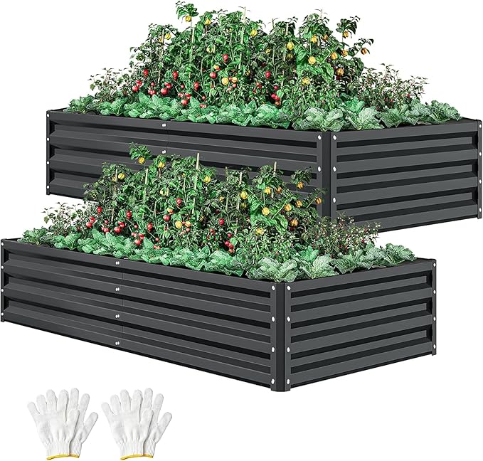 DWVO 2pcs 8 x 4 x 1 FT Raised Garden Bed Kit, Outdoor Galvanized Flower Bed with Safety Rubber and Gloves, Large Metal Planter Box for Vegetables, Flowers, Herbs, Fruits, Black