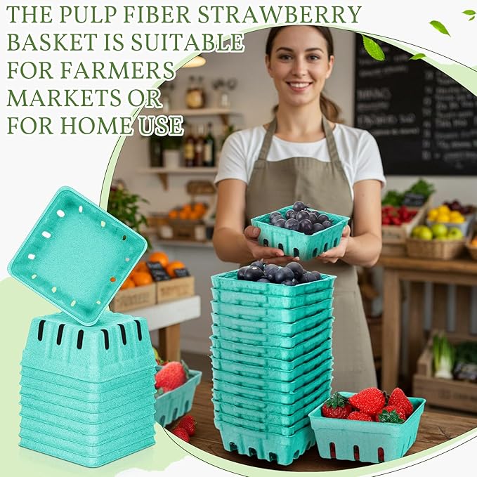 Reallnaive 20 Pack Green Pulp Fiber Berry Baskets 1/2 Pint, Small Molded Produce Vented Basket for Strawberry, Blueberry, Raspberry, Vegetables, Farmers Market, Fruit Picking, Garden Harvest, Party
