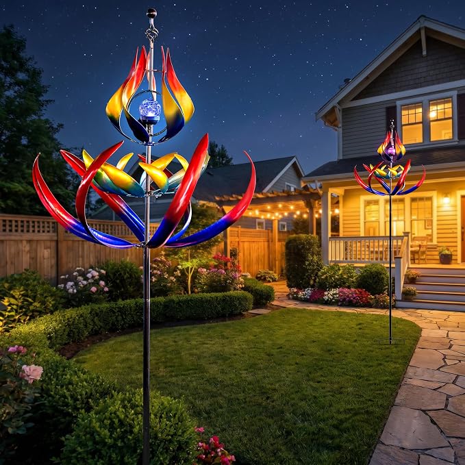106" Solar Wind Spinners Outdoor Large Metal - Kinetic Wind Sculptures with Crackle Glass LED Globe, Heavy Duty Garden Decor for Outside Lawn Patio, Stable Stake Windmill Yard Art Gifts