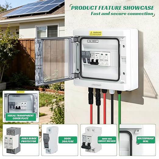 1 in 1 Out Solar Combiner Box,PV Combiner Box with 20A PV Fuse,DC 20A Circuit Breaker and Surge Protector,IP65 Solar Disconnect Switch Box for Indoor Outdoor Solar Panel System (1 in 1 Out 20A 500V)