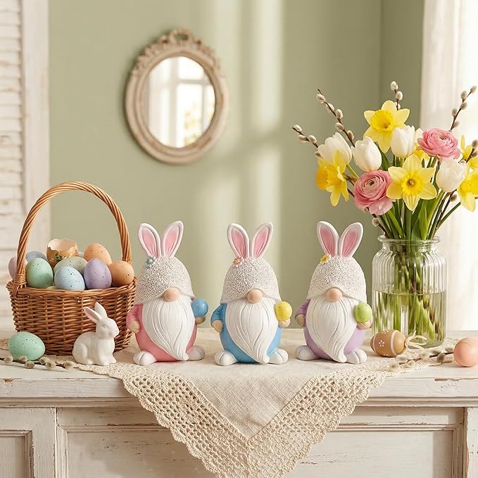 GoGnome Easter Gnome Figurines Set of 3 – Bunny Ear Resin Gnome Easter Decorations for Home | Spring Tabletop Decor, Tiered Tray Decorations, Cute Easter Bunny Gnomes (Pink/Blue/Purple)
