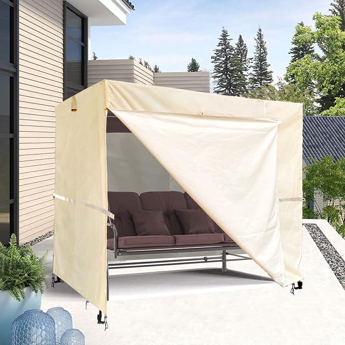 Ourdoor Swing Cove,3 Triple Seater Hammock Cover Garden Swing Cover Garden Hammock Glider Chair Cover Outdoor Swing Cover UV Resistant Swing Canopy Cover(80 * 59 * 72inch) Beige