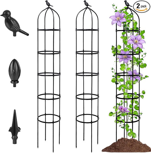 2-Pack 6.7FT Garden Obelisk Trellis for Climbing Plants,Adjustable 5-Tier Metal Plant Support,Rustproof Outdoor Plant Tower with 3 Decorative Tops for Roses,Tomatoes,Clematis & Vines,Black