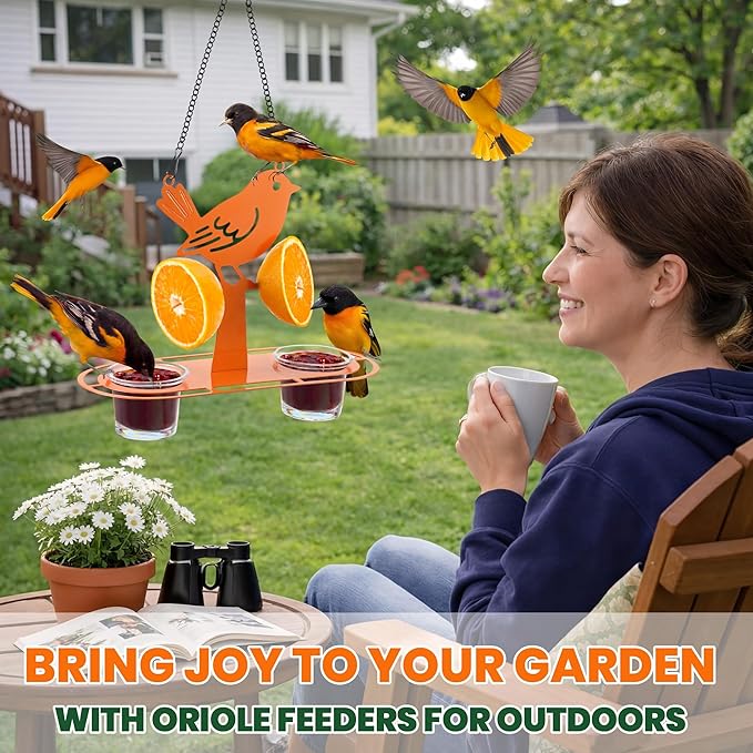 Oriole Feeder for Outdoors, Unique Bird Shaped Baltimore Oriole Feeder with 2 Jelly Cups & Orange Holder, Built-in Ant Moat, Orange Bird Feeders for Outdoors Hanging for Backyard(1 Pack)