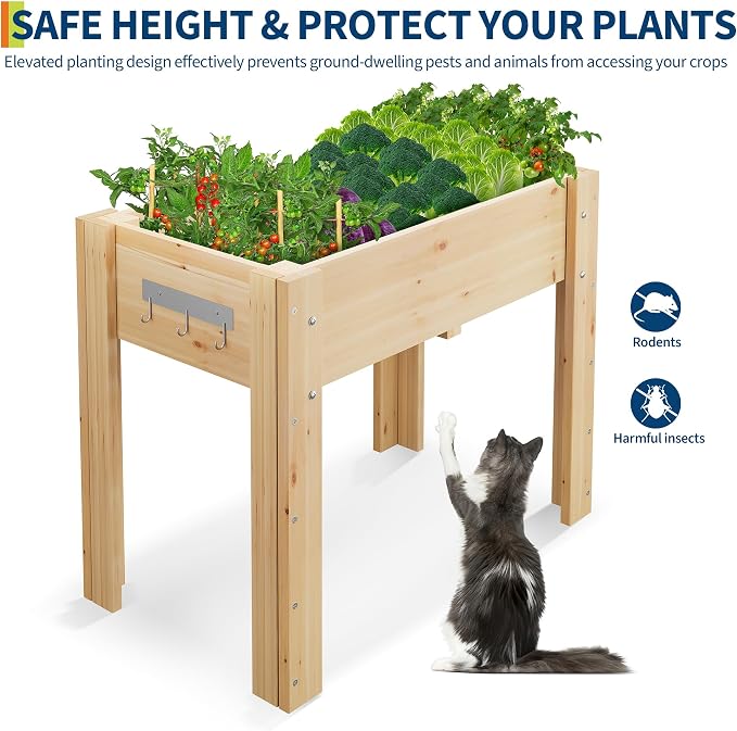 34x18x30IN Wooden Raised Garden Bed with Legs, Elevated Reinforced Large Planter Box for Vegetable Flower Herb Outdoor, Standing Growing Bed for Gardening/Backyard/Patio/Balcony, Liner Included