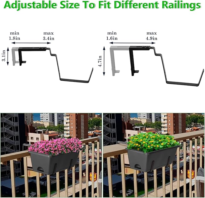 OYEAL Deck Railing Planters Vertical Garden Hanging Planter Boxes with Adjustable Brackets, Set of 2 Hanging Flower Pots for Railing Fence with 6 Plastic Planter Boxes, Grey