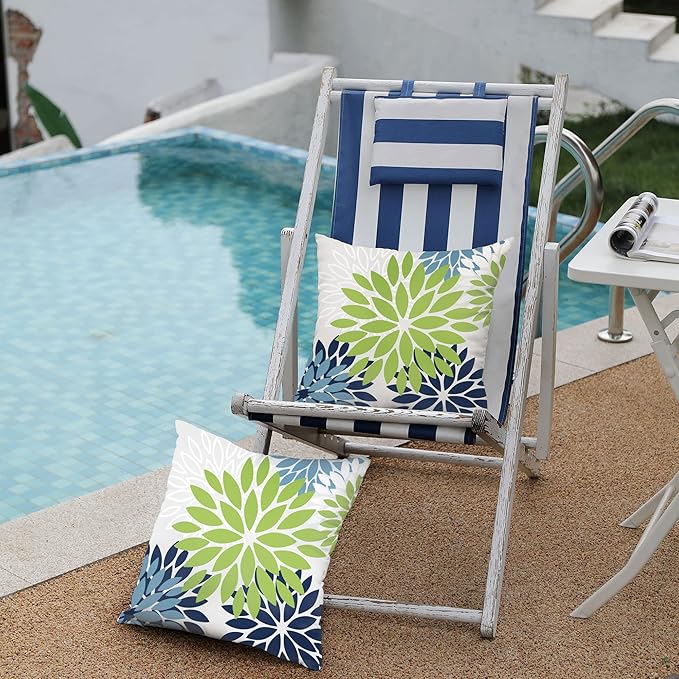 DFXSZ Green Blue Flower Pillow Covers 16x16 Inch Set of 2 White Gray Colored Throw Pillows Outdoor Waterproof Decor for Living Room Sofa Patio Funiture Garden Floral Polyester Pillow Covers 002K16
