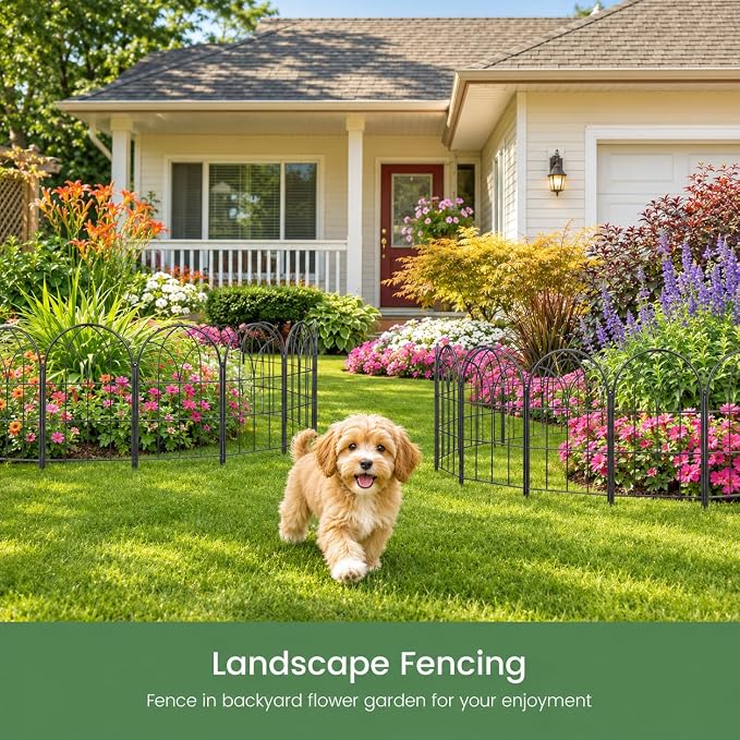 Decorative Garden Fence, 10 Panels, 16.5 in H x 10.5 ft L, No Dig Metal Border Edging for Flower Beds, Yard and Patio, Black Outdoor Barrier for Rabbits and Small Dogs