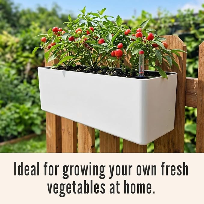 LaLaGreen Balcony Flower Boxes Over the Rail (16 Inch, 2 Pack) White Rectangular Self-Watering Railing Planters with Metal Brackets, Plastic Window Box for Outdoor Plants Herbs Deck Fence Garden