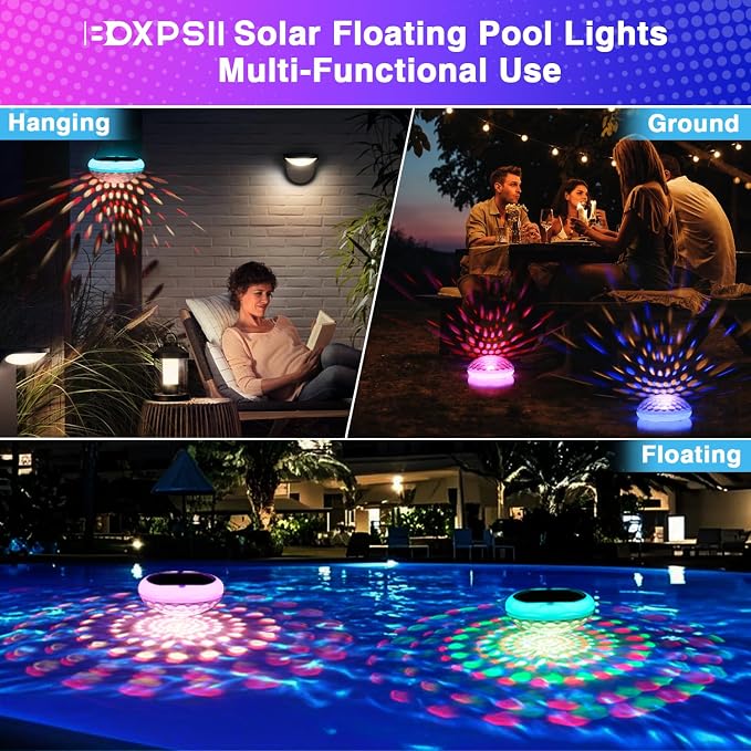 BOXPSII Solar Floating Pool Lights(4 PCS), USB Rechargeable Pool Lights, 2600mAh 6.7" IP68 Waterproof Pool Lights that Float with Remote, RGB 13 Colors Upper and Lower Glow Hangable Floating Light