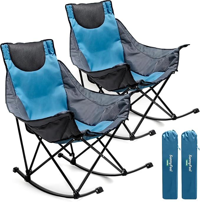 SUNNYFEEL Oversized Rocking Camping Chair 2 Pack, Fully Padded Patio Chair with Side Pocket, High Back Portable Lawn Recliner with Carry Bag, Outdoor Rocker Camp Chairs for Adults Heavy Duty 500 LBS