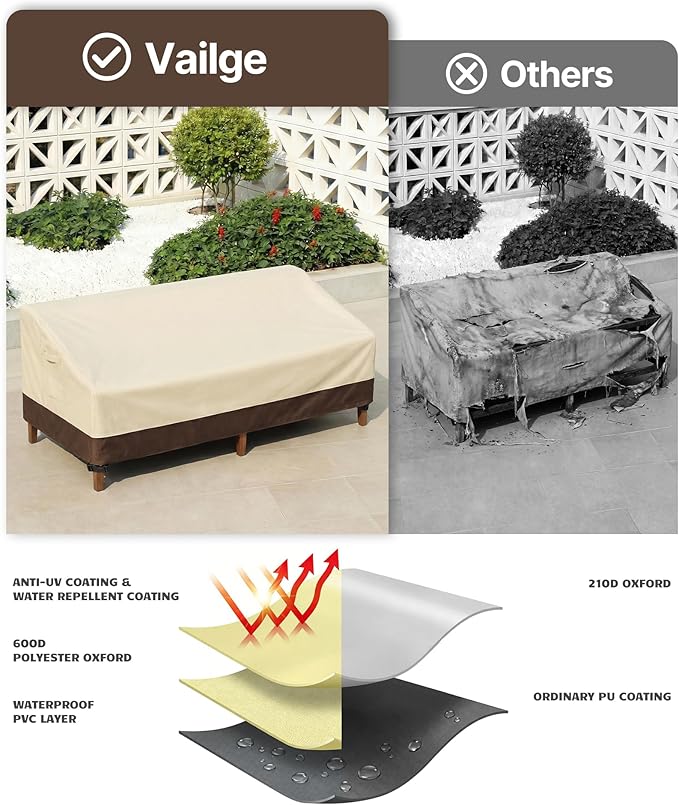 Vailge Heavy Duty Patio Sofa Cover, 100% Waterproof 3-Seater Outdoor Sofa Cover,Lawn Patio Furniture Covers with Air Vent and Handle,79" Wx 37" Dx 35" H,Beige&Brown