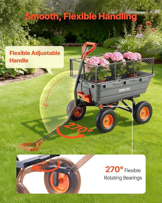 VEVOR 10 Cu.Ft 1200LBS Poly Garden Cart Dump Wagon, Heavy Duty Wheelbarrow with Convertible Handle and 13" Flat Free Tires, Outdoor Yard Wagon ATV Trailer Dump Cart Tow Behind for Lawn Mower Tractor