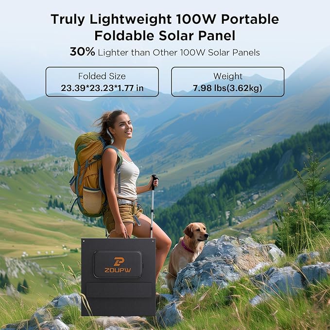 ZOUPW 100W Portable Solar Panel N-Type 16BB,25% Efffciency Ultralight 7.98lbs Foldable Solar Charger for Jackery 300/EcoFlow River/Bluetti/Anker Solix, IP67 Waterproof for RV Camping Off-Grid