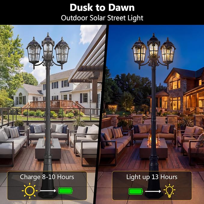 Emliviar 82.7" 3-Head Outdoor Solar Lamp Street Lights, Dusk to Dawn Post Lighting for Driveway Garden, LED Exterior Black Pole Light with Water Grain Glass, YXE302PL-3 SL BK