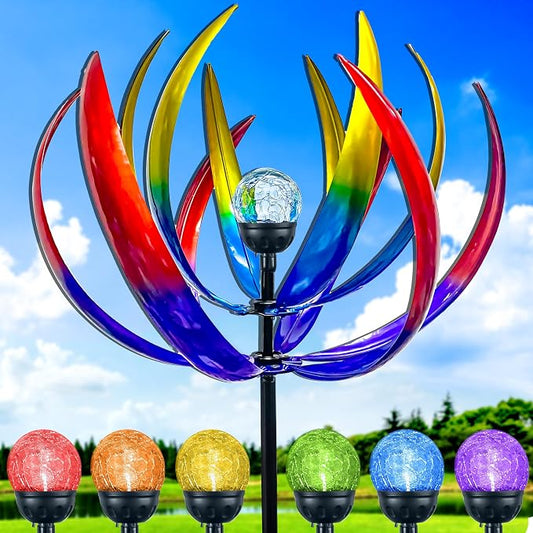Wind Spinners Outdoor for Yard and Garden - Wind Sculptures & Spinners - 70 Inch Wind Spinner with Solar Powered Multi-Color Glass Ball Light for Yard Garden Backyard Lawn Decorations-Multicolored