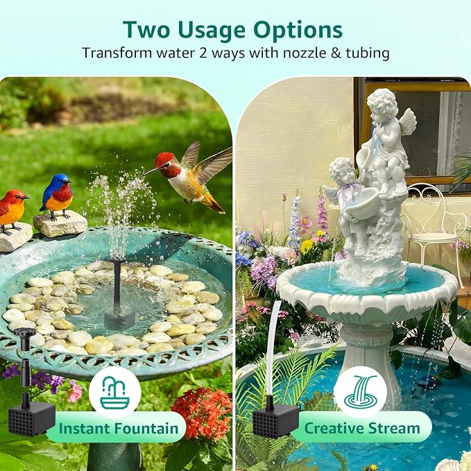 Solar Fountain Pump with Battery Backup, 4W Solar Water Pump Built-in 2000mAh Battery with 9.8Ft Cable, 5 Spray Modes & 4Ft PVC Tubing, Pond Fountain for Bird Bath Garden Water Feature