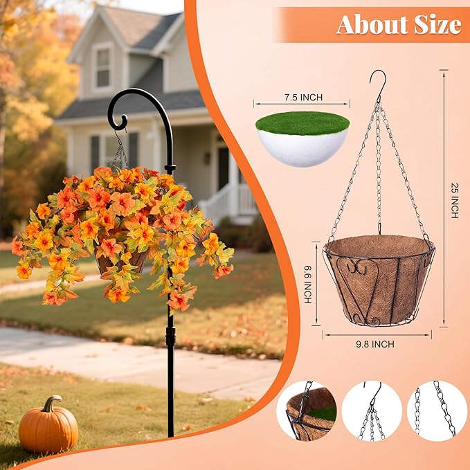 Ammyoo Artificial Fake Fall Flowers with Hanging Basket for Outdoor Decoration, Silk Faux Flowers UV Resistant Fake Plants for Home Porch Patio Garden Window Box Autumn Decor Look Real (Orange)