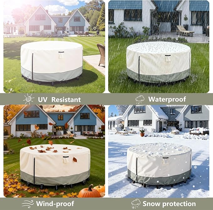 Round Patio Furniture Covers,600D Heavy Duty Waterproof Outdoor Furniture Cover for Round Dining Table with Rocking Swivel Chairs Set,62" Dia x 28" H Beige