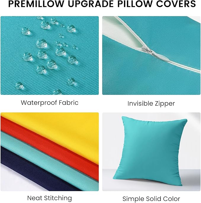 Premillow Outdoor Pillow Covers Set of 2, Decorative Farmhouse Waterproof Pillow Covers, Solid Linen Pillowcase Cushion Covers for Patio Garden Balcony Couch Sofa 18x18 inch, Blue