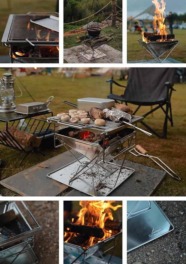 CAMPINGMOON 3 in 1 Portable Fire Pit 12 inch Foldable Stainless Steel Wood Burning Camping Stove BBQ Grill for 3 People Adjustable Height Outdoor Cooking Campfire Carry Bag included MT-035
