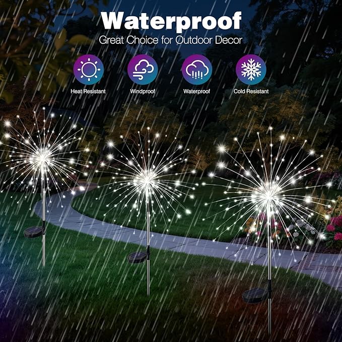 btfarm 1 Pack Solar Garden Lights Outdoor, 8 Modes Firework Lights Solar Powered, Waterproof Twinkle Fairy Light Outside for Yard Patio Pathway Pool Christmas Party Decorative, Cool White