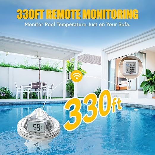 Pool Thermometer Digital Floating Easy Read, Anti-Fog 360° Reading with Indoor Temperature Humidity Monitor, IPX7 Water Temperature Monitor for Hot Tub/Ice Bath/Swimming Pool/SPA/Aquarium/Pond