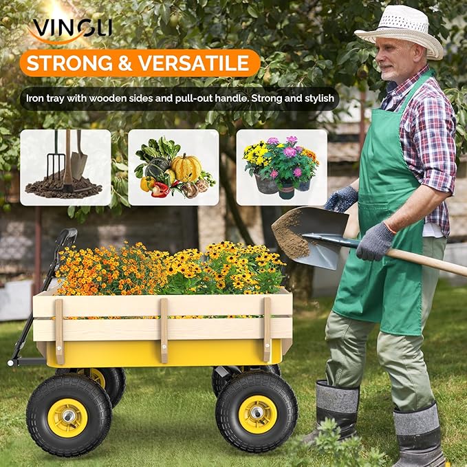 VINGLI Wagon Cart, Steel Frame and Wood Coated Railing, 330lbs All Terrain Wagon 9.2in Air Tires for Garden and Outdoor (Yellow)
