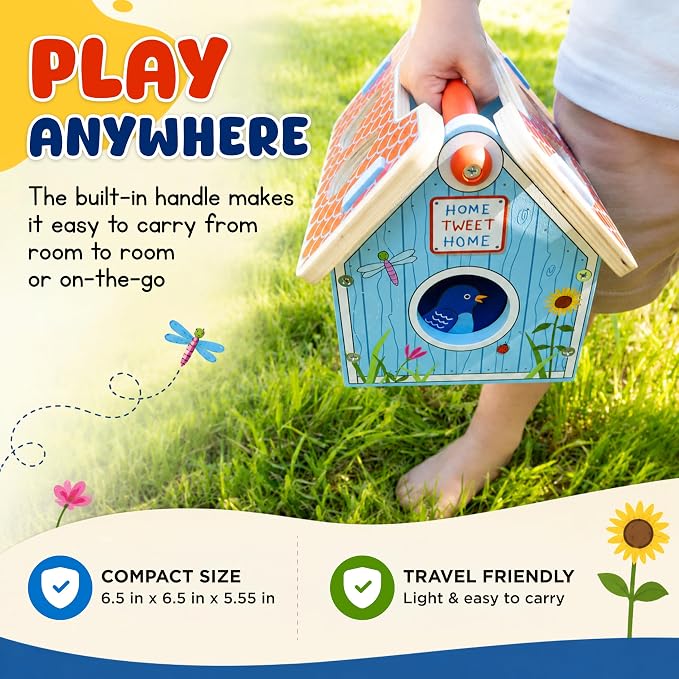 Jack Rabbit Creations Wooden Bird House Shape Sorter – Built-in Handle, Removable Roof – Non-Toxic, Certified Wood – Fine Motor Toddler Toy, Birthday Gift, Ages 18+ Months