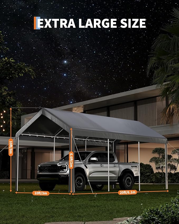 10 Ft x 20 Ft Carport Canopy, Portable Heavy Duty Garage Shelter with 8 Legs, Outdoor Car Shelter Tent with All-Season Tarp for Car, Truck, SUV, Boat