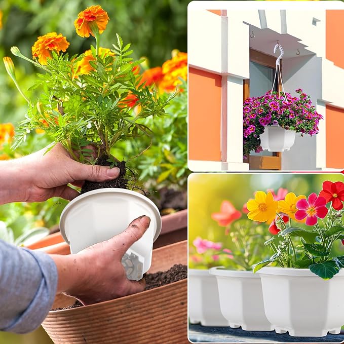 Roshtia 50 Pcs 5.1 inch Plastic Hanging Plant Pots with Hooks Flower Pots Baskets Outdoor Hanging Nursery Planter Holder for Home Garden Balcony Porch(Gray White,5.1 inch)