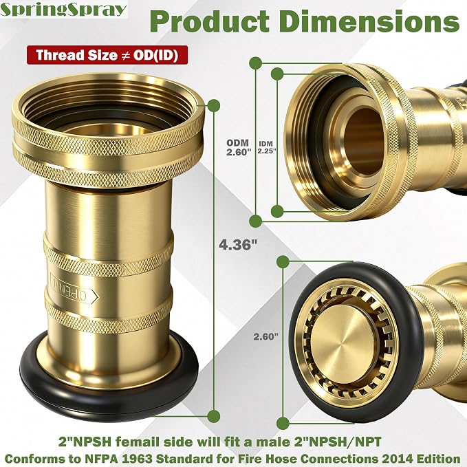 2" NPSH/NPT Brass Fire Hose Nozzle, Heavy Duty Adjustable Spray Jet Fog Nozzle, Constant Flow Industrial Firefighter Nozzle, 108 GPM, 100 PSI