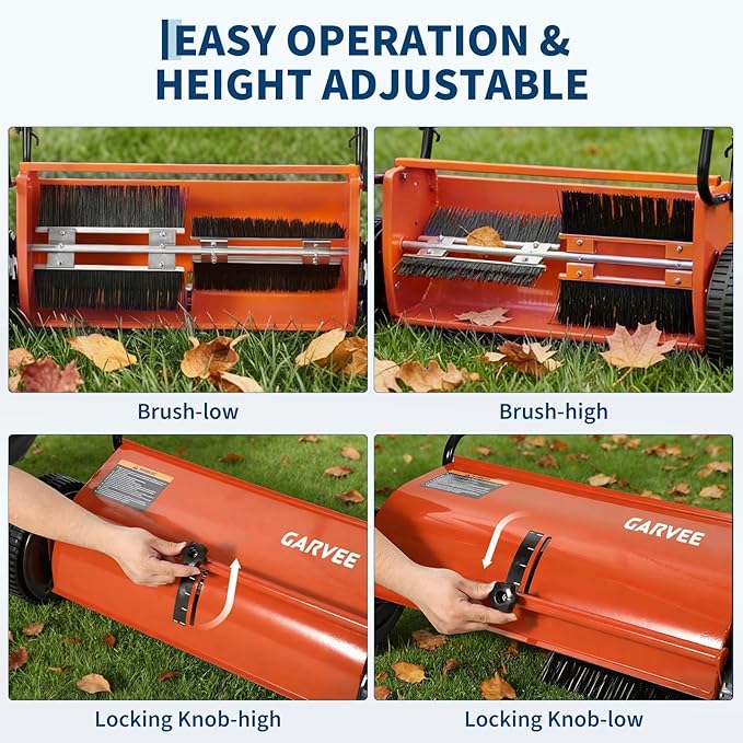 Push Lawn Sweeper, 26-Inch Width, 7 Cu. ft. Hopper Capacity, 4 Spinning Brushes, Adjustable Height, Durable Steel Frame with Rubber Wheels, Ideal for Leaves and Grass