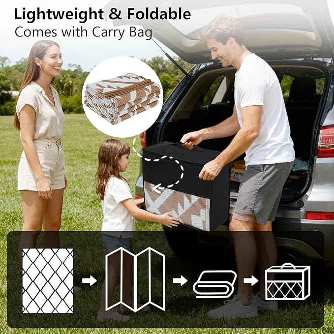 COOLTOP 9'x12’ Outdoor Rug for Patios Porches, Waterproof Plastic Camping Rugs, Modern Reversible Mat, Large Area Rugs for Backyard, Deck, RV, Balcony, Picnic, Beach, Khaki & White