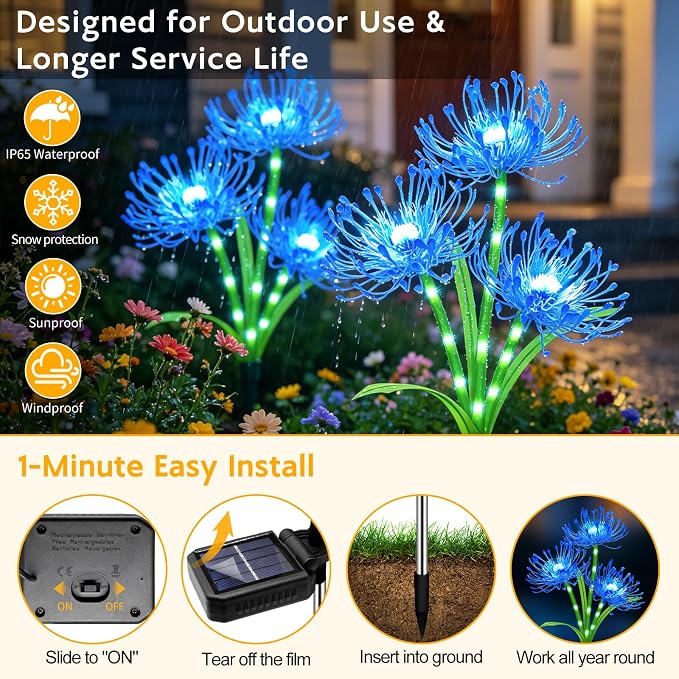 VOOKRY Solar Lights Outdoor, 8 Pack Blue Spider Lily Garden Flower Lights | 3Heads per Stem& Individual Solar Panels, Warm White LED Waterproof Yard Lawn Pathway Decor,Decorative Garden Gifts for Women
